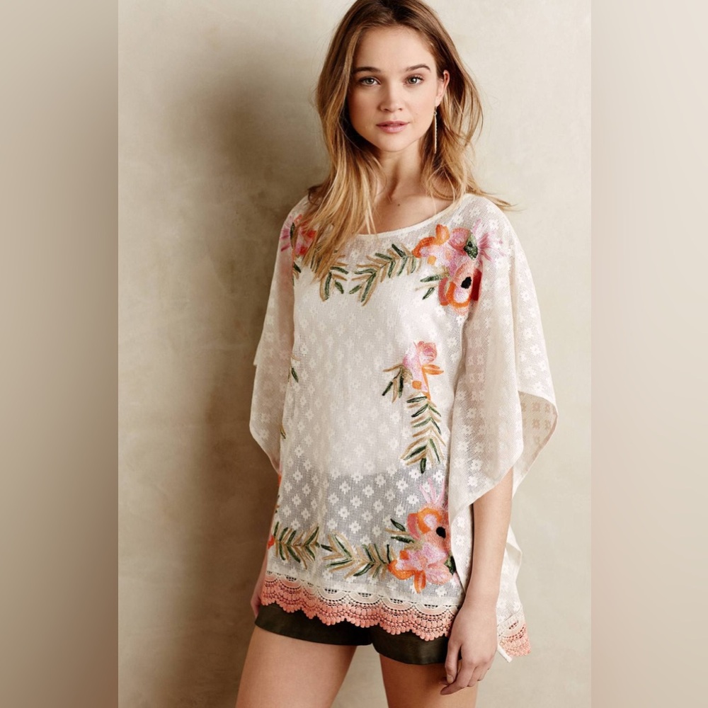 Anthropologie lace embroidered flower blouse